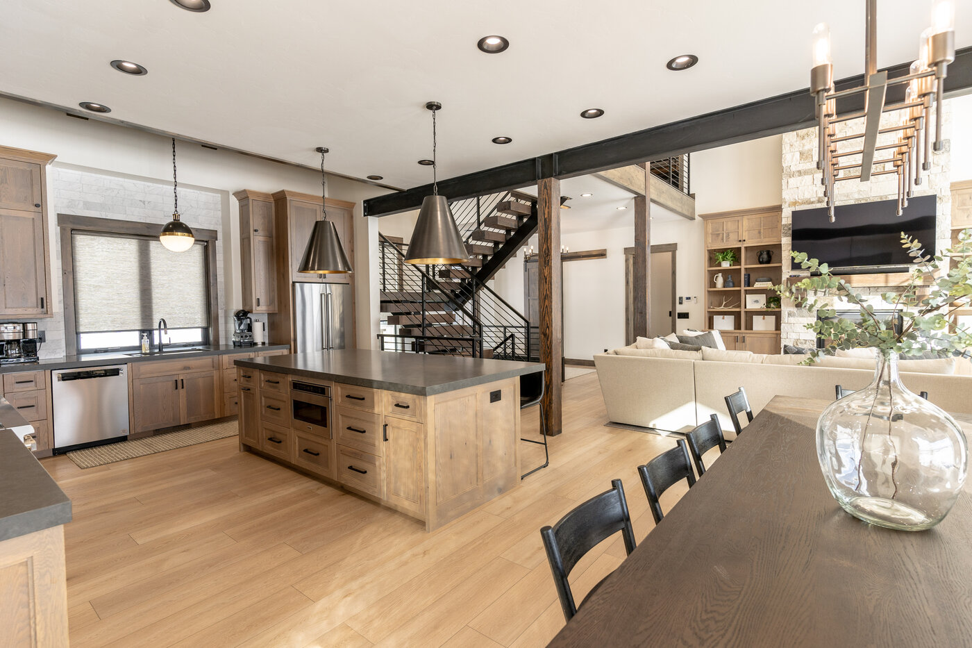 Lodge at Cutthroat Landing — kitchen island looking toward the great room and staircase