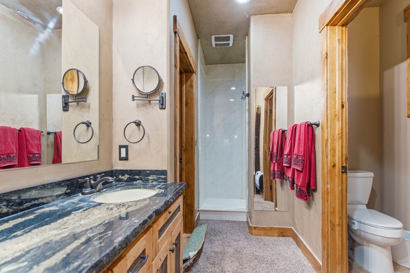 Riverfront Wildlife Lodge — secondary bathroom with granite vanity and walk-in shower