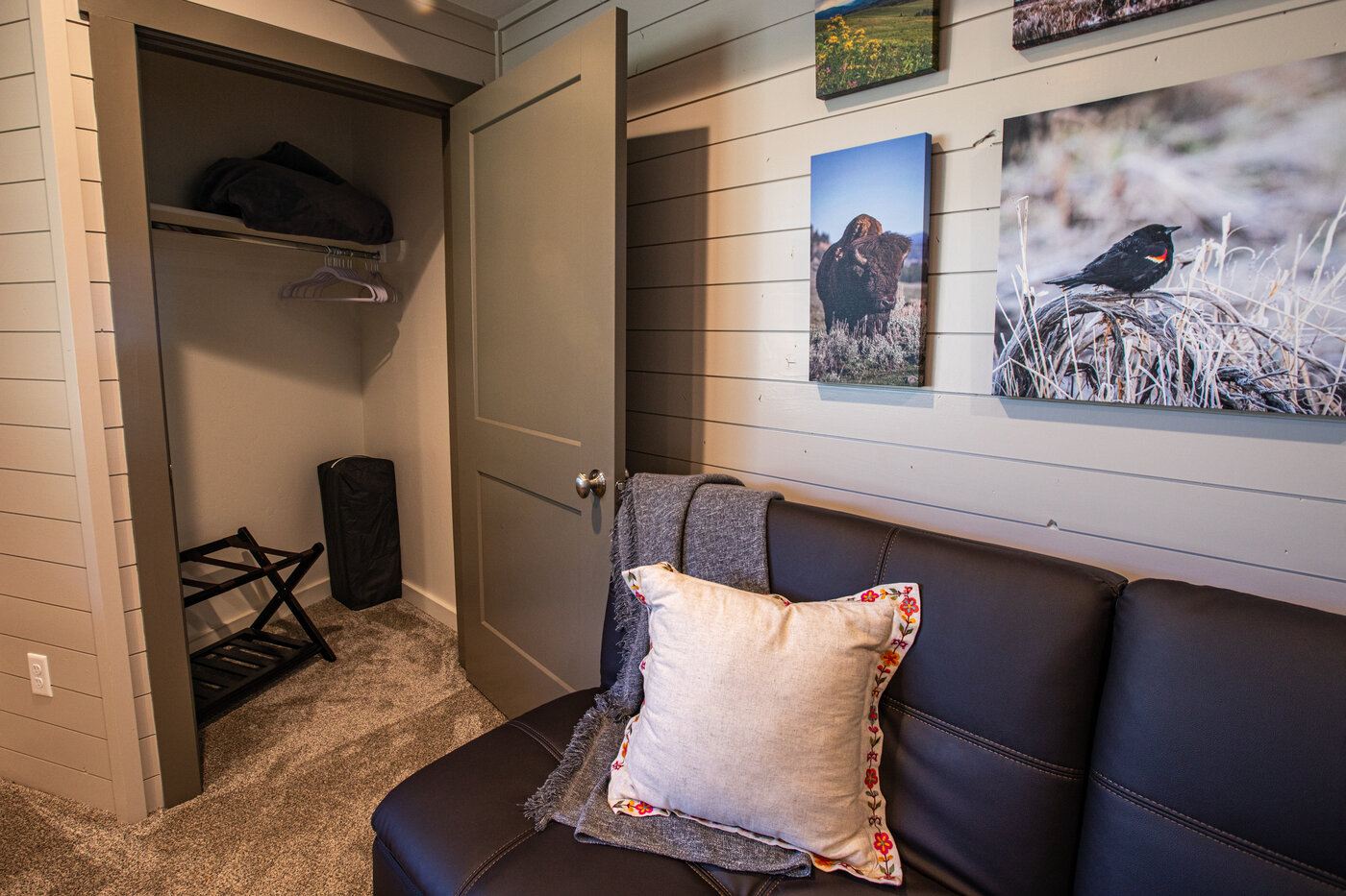 Teton View Retreat — Both Domes — bedroom seating area with leather couch and Yellowstone wildlife photography