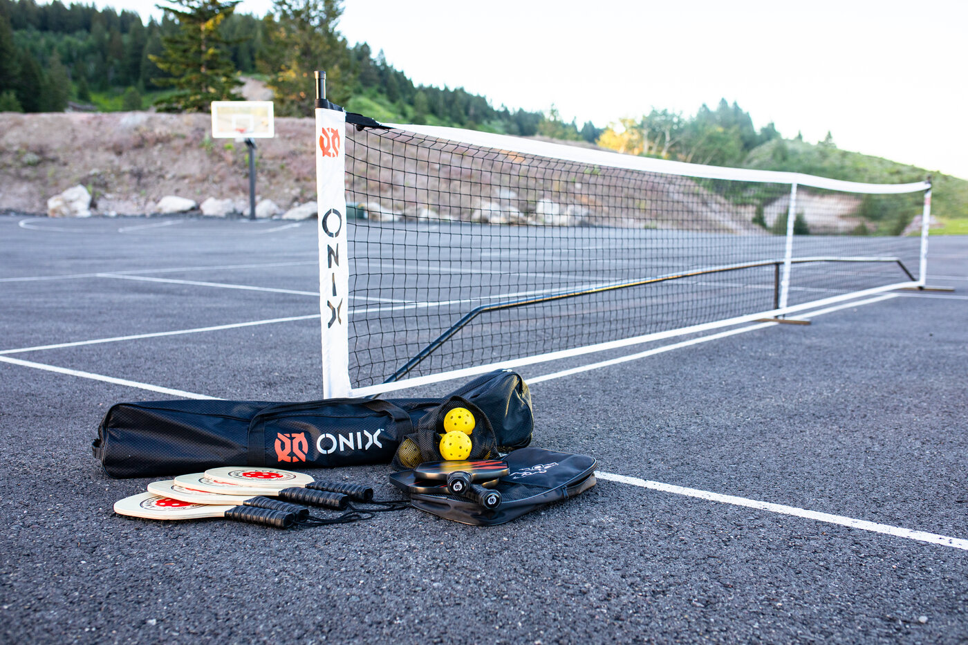 Teton View Retreat — Both Domes — pickleball net and Onix paddle set on the outdoor court