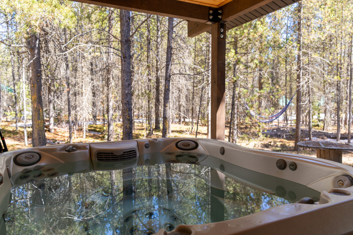 Trails End Lodge — covered-porch hot tub facing the lodgepole pines